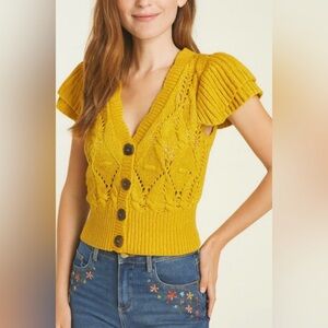 DRIFTWOOD Poppi Flutter Sleeve Open Stitch Cardigan Mustard Yellow Small NWT